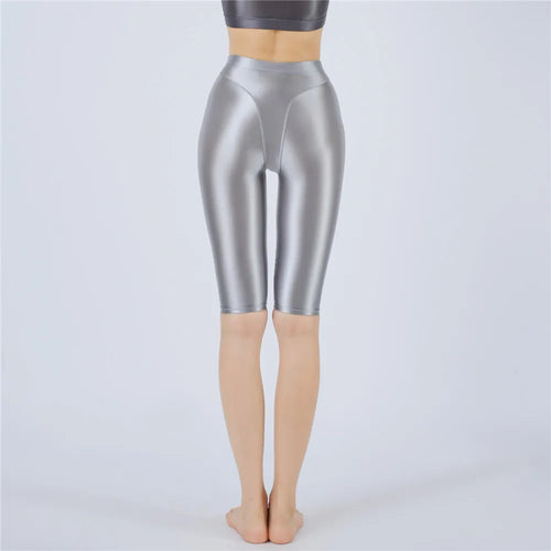 Oil Glossy High-Stretch Knee-Length Shorts Satin Shine Performance Biker Shorts