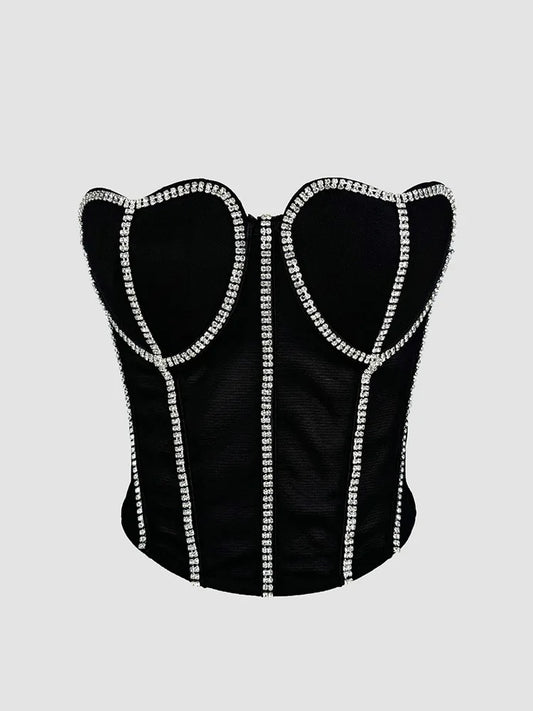 Black Strapless Diamond Embroidered Mesh Bustier Corset Top Stage Party Bralette