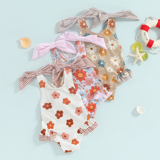 2024-01-17 Lioraitiin Toddler Baby Girl  Swimsuit Floral Romper Baby Beach Swimwear Swimming Ruffle Summer Bathing Suit Sunset
