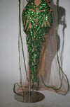 Sparkly Green Sequin Sheer Mesh Evening Gown with Cloak Stage Performance Costume