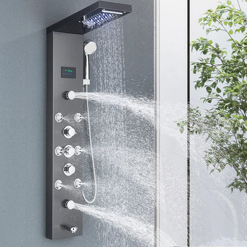 LED Shower Panel Tower System Rain Waterfall Shower Column Hydroelectricity LCD Display With Massage Body Spa Bath Shower Faucet