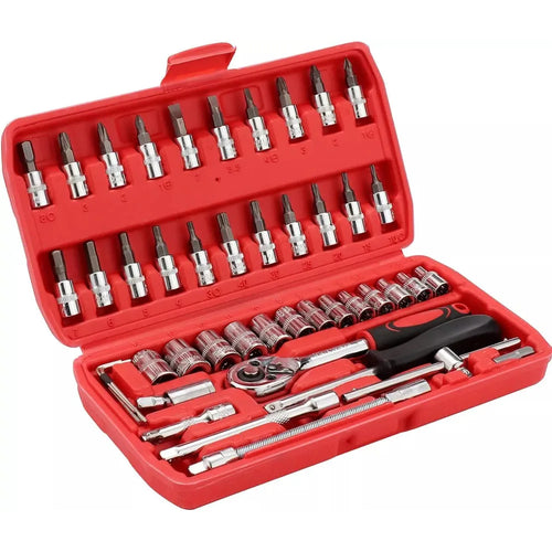 46pcs Metric Flexible Head Ratcheting Wrench Combination Wrench Set 1/4" Drive Hex Bit Socket Set Mechanic Tool Car Repair Tool