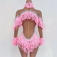 Pink Tassel Long-Sleeve Bodysuit Drag Queen & Gogo Stage Performance Costume