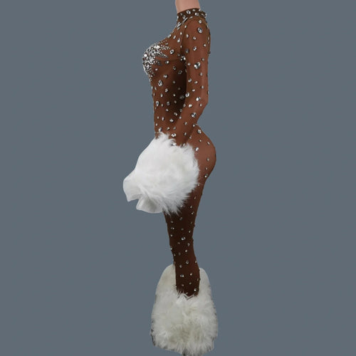 Sparkly Rhinestone & Feather Cuffed Jumpsuit Stage Performance Catsuit Costume