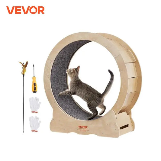 VEVOR Cat Exercise Wheel Natural Wood Silent Running Toy Treadmill Roller Wheel with Detachable Carpet for Most Cats Pet Fitness