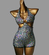 3-Piece Crystal Bra & Mesh Cover-Up Set – Luxury Rhinestone Bikini, Sling Dress & Gauze Skirt Ensemble for Festivals & Beach Clubs