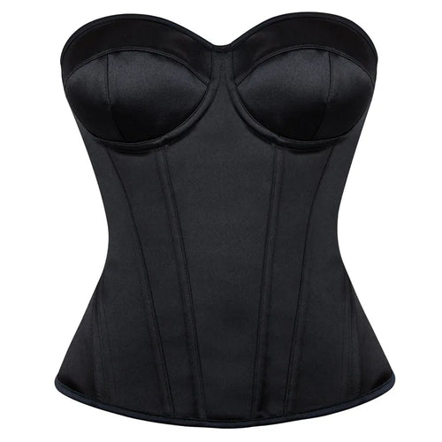 Overbust Corset Bustier Top Built-In Bra Cup Lace-Up Waist Cincher