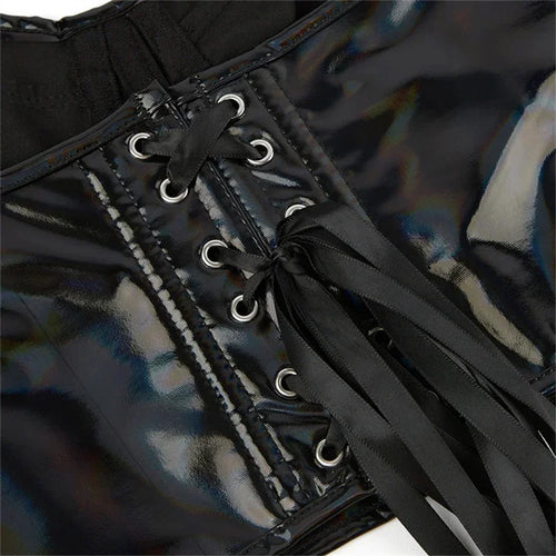 Black Shiny PU Leather Halter Corset Crop Top Push-Up Bustier Gothic Bra
