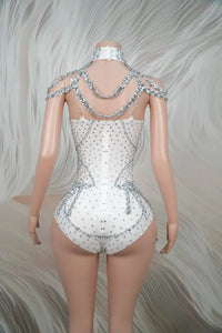 Sparkly Rhinestone Tassel Spandex Bodysuit Halter Dance Stage Costume Leotard