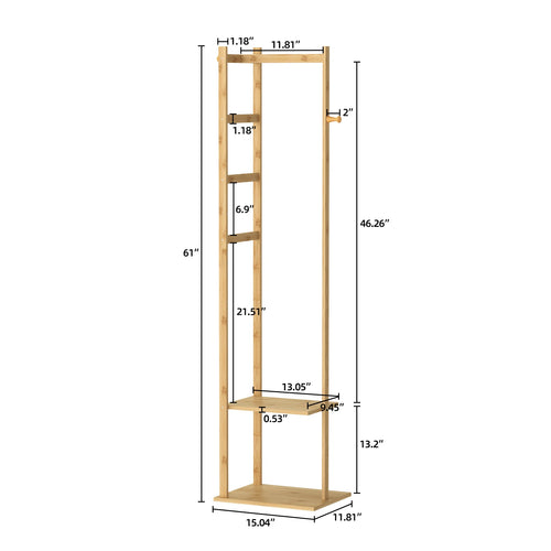 Heavy Duty Bamboo Coat Stand Freestanding Corner Clothes Rack with Hook and Shelves