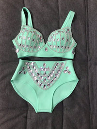 Rhinestone Bikini Bra & High-Waist Shorts 2-Piece Performance Costume Set