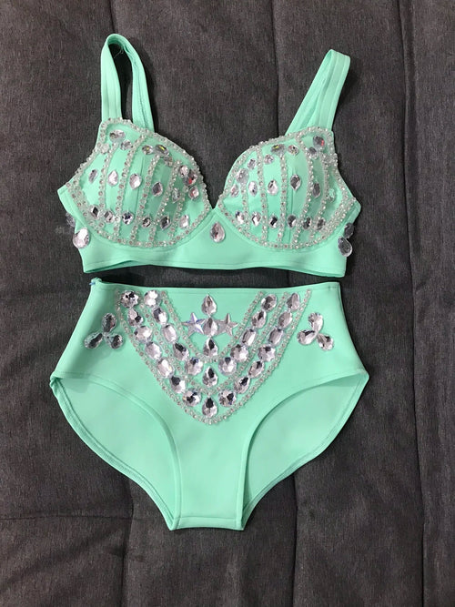 Rhinestone Bikini Bra & High-Waist Shorts 2-Piece Performance Costume Set