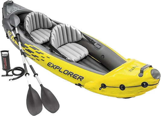 68307EP Explorer K2 Inflatable Kayak Set: Includes Deluxe 86in Aluminum Oars and High-Output Pump – SuperStrong PVC – Adjustable