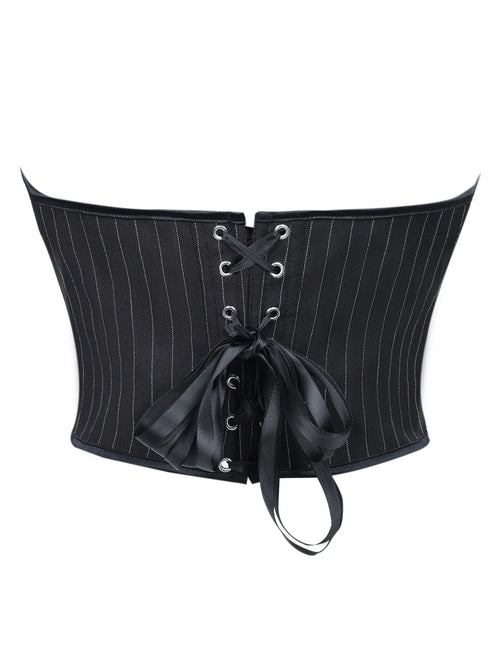Black Striped Overbust Corset Top Zipper Front Lace-Up Bustier Body Shaper