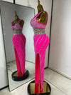 Hot Pink Rhinestone & Tulle Inset Open-Leg Maxi Evening Gown