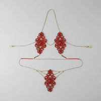 Exaggerated Red Rhinestone Floral Body Chain & Chest Harness Set