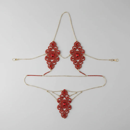 Exaggerated Red Rhinestone Floral Body Chain & Chest Harness Set