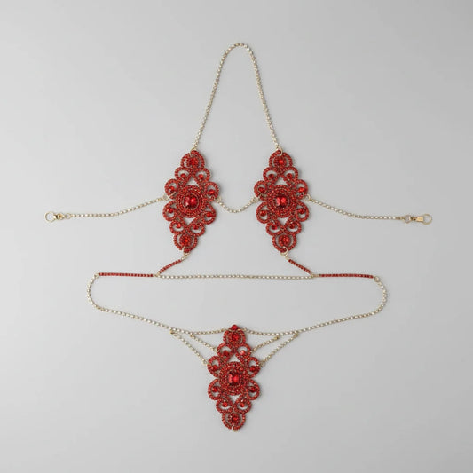 Exaggerated Red Rhinestone Floral Body Chain & Chest Harness Set