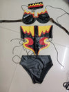 PU Leather Flame Bikini, Collar & Harness Shorts 3-Piece Gogo Performance Costume Set