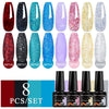 MEET ACROSS 8Pcs/Set Sparkly Rose Red Purple Gel Nail Polish Glitter Semi Permanent Nail Art Gel Vernis For Nails Manicure Kits