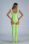 Backless High-Cut Oil Glossy Sheer Bodysuit & Matching Stockings Set