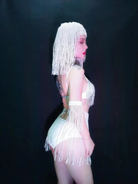 Luxury Crystal Tassel Bikini & Wig Performance Set – Premium Showgirl Stage Costume for GoGo Dancers, Nightclub DJs & Rave Outfits