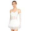 Rhinestone Latin Dance Dress, Mesh Tiered Tassel Bodysuit & Long Gloves Set