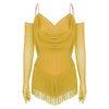 Sparkly Rhinestone & Tassel Fringe Dance Leotard with Gloves Two-Piece Stage Costume