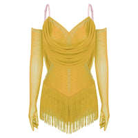 Sparkly Rhinestone & Tassel Fringe Dance Leotard with Gloves Two-Piece Stage Costume