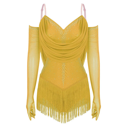 Sparkly Rhinestone & Tassel Fringe Dance Leotard with Gloves Two-Piece Stage Costume