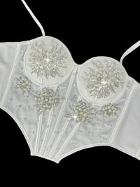 Pearl & Sequin Embroidered Floral Bustier Corset Top Asymmetric Camisole Bralette