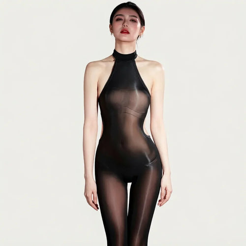 5D 912 PIN Backless Halter Oil Glossy Sheer Bodysuit Leotard