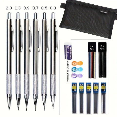 16 Piece Set Metal Mechanical Pencil with Pen Bag Lead Eraser Pencil Sharp Set 0.3 0.5 0.7 0.9 1.3 2.0mm Art Sketch Automatic