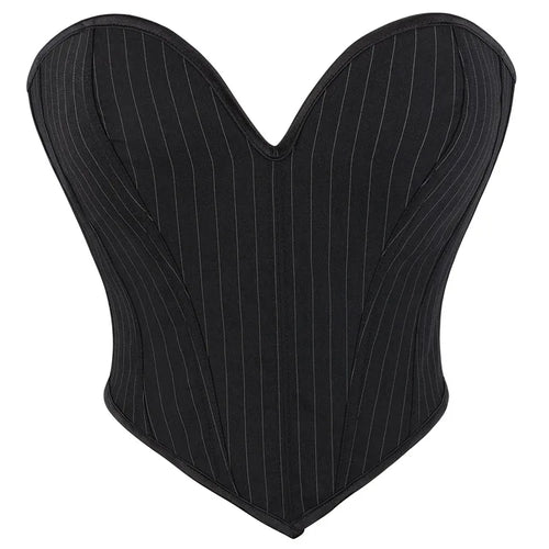 Black Striped Overbust Corset Top Zipper Front Lace-Up Bustier Body Shaper