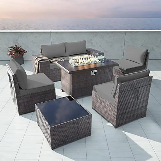 7-Piece Outdoor Patio Furniture Set with Gas Fire Pit Table Sectional Sofa 55,000 BTU Propane Fire Pit Enjoy Safe & Reliable