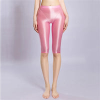 Women's Oil Glossy Sheer High-Waist Shaping Shorts Satin Smooth Leggings