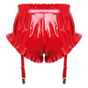 Wet-Look PU Leather Ruffled Bloomer Shorts Attached Garter Clips Briefs