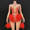 Rhinestone Feather Embellished Bodysuit & Showgirl Stage Dance Costume