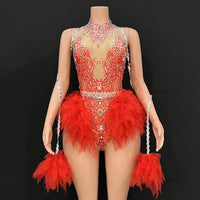 Rhinestone Feather Embellished Bodysuit & Showgirl Stage Dance Costume