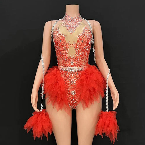 Rhinestone Feather Embellished Bodysuit & Showgirl Stage Dance Costume