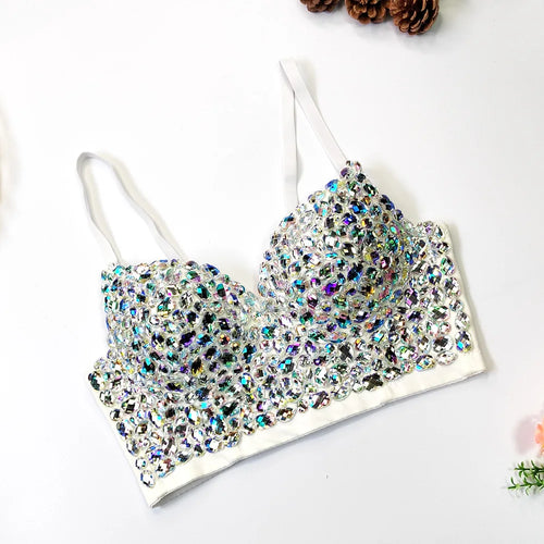 Rhinestone Glitter Bustier Corset Top Hook-and-Eye Nightclub Party Bralette