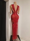 Sparkly Red Rhinestone & Sequin Sleeveless Sheer Mini/Long Dress Stage Costume