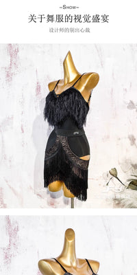 Black Fluffy Dance Leotard & Fringe Practice Skirt Latin Performance Costume Set