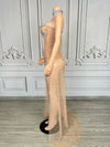Sparkly Rhinestone & Pearl Mesh Evening Gown with Cloak Sleeves Stage Costume