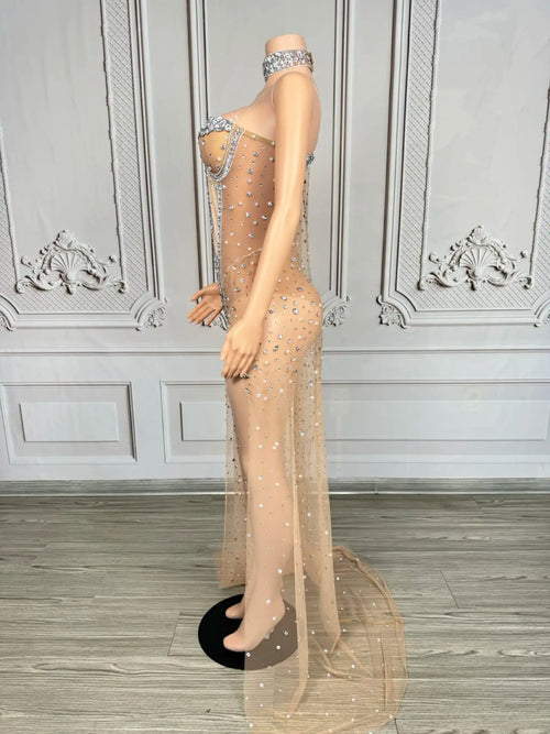 Sparkly Rhinestone & Pearl Mesh Evening Gown with Cloak Sleeves Stage Costume