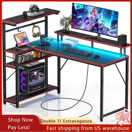 Seventable Gaming Desk with Power Outlet and LED Light, Reversible Small Desk with Monitor Stand,4 Tiers Shelves and Hooks,39" L