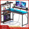 Seventable Gaming Desk with Power Outlet and LED Light, Reversible Small Desk with Monitor Stand,4 Tiers Shelves and Hooks,39