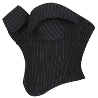 Black Striped Overbust Corset Top Zipper Front Lace-Up Bustier Body Shaper
