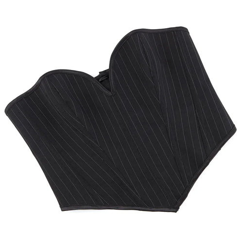 Black Striped Overbust Corset Top Zipper Front Lace-Up Bustier Body Shaper