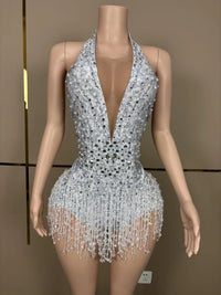 Crystal Rhinestone Fringe Sleeveless Bodysuit & Aerial Dance Leotard Costume